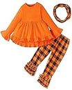 veikimous Toddler Baby Girl Clothes Ruffle Long Sleeve Tops Floral Boutique Pants Sets, Orange Plaid, 2-3T