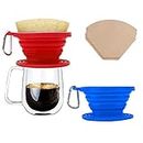 Wolecok Collapsible Pour Over Coffee Dripper, Set of 2 Silicone Reusable Cone Filter Holder with 50 Pcs #2 Paper Filters - For Home, Camping, Travel, Office (Red+Blue)
