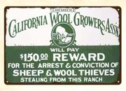 California Wool Growers Assn recompensa oveja ladrones lana metal letrero cerveza pub
