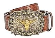 Western Leather Belts for Men Women - Longhorn Bull Pattern Buckle Belt - Floral Engraved Cowboy Cowgirl Country Belts