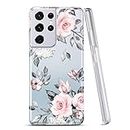 RXKEJI Coque pour Samsung Galaxy S21 Ultra - Transparente - Motif floral - Mince - Flexible - En TPU - Coque arrière rigide - Pour Samsung Galaxy S21 Ultra 5G - 7" - Rose