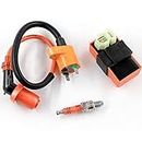 Trkimal High Performance Racing AC Cdi Box 6pin + Ignition Coil + 3 Electrode Spark Plug for GY6 50cc 80cc 125cc 150cc Moped Scooter ATV Go Kart