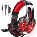 BENGOO Stereo Gaming Headset for PS4, PC, Xbox One Controller, Noise Cancelling Over Ear Headphones Mic, LED Light, Bass Surround, Soft Memory Earmuffs for Laptop Mac Nintendo Switch Games -Red
