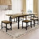 Feonase 7-Piece Dining Table Set with 6 Stools, 63" Large Extendable Kitchen Table Set for 4-8, Mid-Century Dining Room Table with Heavy-Duty Frame, Easy Assembly, Rustic Brown