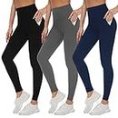 DHSO High Waisted Leggings with Pockets for Women, Non See-Through Tummy Control Workout Yoga Pants for Running, Cycling 3 Pack Black, Gray, Navy, Plus Size