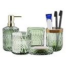 5Pcs Bathroom Accessories Set, Glass Soap Dispenser with Pump, Soap Dish, Toothbrush Holders, Toothbrush Cup, Cotton Bud Holder for Home Bathroom Counter Hotel Green