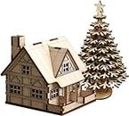 LIME SHADES Christmas Wooden House with Christmas Tree for Decoration with Santa Clause, Snow Flakes, Stars, Joystick, Candles & Bells as Accessories