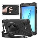 Bkinew Case with Hand Strap for Samsung Galaxy Tab E 8.0 Tablet SM-T377/SM-T375/SM-T378 with Hand Shoulder Strap 360 Rotating Kickstand Case Shockproof Rugged Cover, Black