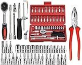 HENGLOBE 46PCS 1/4 inch Drive Socket Set Combination Plier Metric Ratchet Wrench Set with 4-14mm CR-V Sockets,S2 Bits,Extension Bars,Mechanic Tool Kits for Household Auto Repair