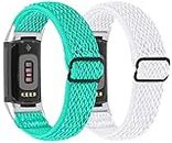 TenCloud 2-Pack Bands intended for Fitbit Charge 5 Women Men Waterproof Elastic Stretchy Loop Soft Nylon Strap Replacement Bands intended for Charge 5 Activity Tracker (Teal,White)