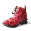 TMA EYES Textured Leather Patchwork Washed Leather Lace-Up Women's Ankle boots, Red, 6.5