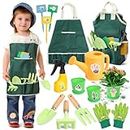 CUTE STONE Green Kids Gardening Tool Set, Garden Toys W/Wooden Handle Fork, Rake, Trowel, Apron with/Pockets, Tote Bag, Watering Can, DIY Stickers, Outdoor Backyard Digging Gift Toy for Boys Girls