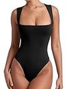 REORIA Womens Summer Sexy Sleeveless Square Neck Double Lined Going Out Cute Thong Bodysuit Tank Tops Black Medium