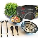 GlücksKompass Japanese Ramen Bowl Set (microwavable) Made of Ceramic (8 pcs) with Chopsticks, Ceramic Spoons, Large 8 inches Diameter, 32 oz (1 Quart) | Pho Bowls Noodle Soup Bowl Asian Rice Bowl