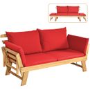 Patio Convertible Sofa Daybed Solid Wood Adjustable Furniture Thick Cushion Red