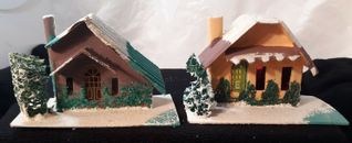 Vtg Cardboard Christmas Putz Mica Glitter Houses Evergreen Village Japan