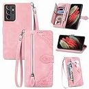 Furiet Compatible with Samsung Galaxy S21 Ultra 5G Wallet Case with Wrist Strap Lanyard and Leather Flip Card Holder Stand Cell Accessories Phone Cover for S21ultra 21S S 21 21ultra G5 Women Pink