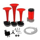 AIR WINK® Car/Bikes/Truck 3 Pipe Air Pressure Horn with 12 Volt Air Compressor, Fitting Accessories | For Car and Bikes | Red