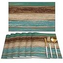 SUNNIEEV Teal Placemats Set of 6, 19"x13" Retro Rustic Wood Texture Table Mats for Dinner Stain Resistant No Bad Odor Washable Mat for Farmhouse, Dining Room, Kitchen, Home Decor, BBQ