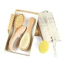 Baby Hair Brush and Comb Set (4-Piece) for Newborn - Wooden Baby Hairbrush Set，A Beechwood Brush, Baby Airbag Brush, Beech Handle Brush, and Prevent Cradle Cap Silicone Brush
