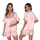 GAESHOW Pyjamas for Women, Soft Silk Satin Pajamas Set Short Sleeve Button-Down Set Sleepwear Loungewear Two Piece Pjs for Ladies S-2XL Pink