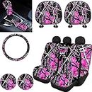 KEIAHUAN Pink Camo Front and Rear Bench Seat Cover Full Set,Camouflage Steering Wheel Cover,Car Headrest Cover,Coaster,Gear Shift Knob Cover with Handbrake Cover,Car Accessories Set
