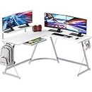 SHW Gaming L-Shaped Computer Desk with Monitor Stand, White