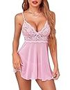 Avidlove Womens Lace Babydoll Lingerie Sexy Chemise Dress V-Neck Halter Nightwear Pink Medium