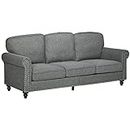 HOMCOM 3-Seater Sofa Couch, 81" Modern Linen Fabric Sofa with Rubberwood Legs, Nailhead Trim and Rolled Arms for Living Room, Bedroom and Apartment, Grey
