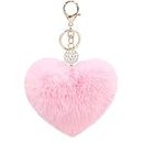 Women's Heart Faux Fur Pom Pom Key Chains Bag Accessory Puffball Keyring Backpack Charms for Girls, Pink, Small