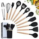 Silicone Cooking Utensils Kitchen Utensil Set, 12 Pieces Natural Wooden Handles Cooking Tool BPA Free Non Toxic Silicone Turner Tongs Spatula Spoon Kitchen Gadgets Utensil Set (Black)
