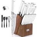 Knife Set, 23 PCS Kitchen Knife Set with Block, Germany High Carbon Stainless Steel Chef Knife Block Set, The Most Professional Knives Set for Kitchen with Sharpener & Finger Guard, Ultra Sharp, White