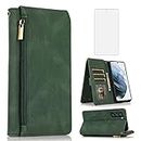 Compatible with Samsung Galaxy S21 FE Gaxaly S 21 FE 5G Wallet Case Tempered Glass Screen Protector Zipper Leather Flip Cover Card Holder Stand for Glaxay S21FE5G UW S21FE 21S G5 Women Men Green