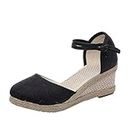 Women's Sandals with Heel, Platform Sandals, Women's Wedge Sandals, Espadrilles for Wedge Heel, Wedges, Closed Espandrillos Summer Shoes, Women Slope with Hemp Knitted Buckle Sandals, black, 8 UK