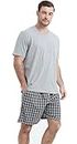 CHUNG Men's Pajamas Cotton Short Sleeve Shorts Pants Plaid Summer Sleepwear Lounge Set, (L, R19 Grey)