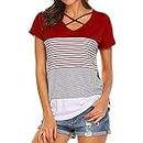 Kekebest Womens Dresses, 2020 Summer Elegant Short Sleeve Stripe Splice Simple T-Shirt Tops Blouse, for Special Occasion Red