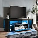 SONNI Mueble TV con Luz LED Ajustable de 12 Colores Sálon Negro con Mando a Distancia, Mesa TV Madera con Estantes Cristal 140 CM