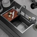 HAPPY HOMES Kitchen Sink with ANTI SCRATCH HONEYCOMB DESIGN Integrated Waterfall and Pull-down Faucet Set/304 Grade Stainless Steel Sink with Cup washer and Drain Baskets (30x18x9 inch, Nano Coating)