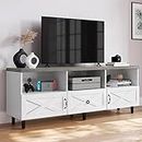 YITAHOME Mid-Century Modern TV Stand for 70/65/60/55 inch, Boho Wood TV Table Farmhouse Media Console with Storage Cabinet and Open Shelves for Living Room, Bedroom, 65 inch, White/Grey