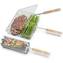 Grill Basket Set (2PCS, 1 Rectangular + 1 Round) with Removable Wooden Handle, 304 Stainless Steel, Grilling Accessories for Fish Shrimp Vegetables, Gifts for Men Dad, Outdoor BBQ Camping