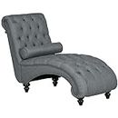 HOMCOM Button Tufted Chaise Lounge Chair Indoor Upholstered Lounge Chair with Bolster Pillow Wood Legs Nailhead Trim for Living Room Bedroom Home Office Grey