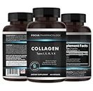 Focus Pharmacology Collagen Support (Type I, II, III, V, X) Avian Sternum Hydrolyzed Collagen Skin Peptides Collagen Support with Hyaluronic Acid + Protein Complex + Natural Supplement (180 Capsules)