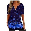 Women's Blouses & Shirts Sale Clearance, Womens Tops Dressy Casual Short Sleeves V-Neck Button Blouses Tops Vintage Elegant Floral Print Slim Fit Tee Shirts UK Blue