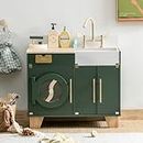 ROBOTIME Play Kitchen Set- Wooden Toy Washing Machine, Kids Washer and Dryer for Kids Kitchen Playset with Realist Sound/Iron, Pretend Play Kitchen for Toddlers (Vintage Green)