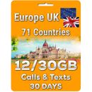 Europe UK Travel Prepaid Sim Card, 12/30GB data, Unlimited Calls & SMS, 30 days