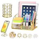 JUOPIEA Desk Organizers and Accessories Office Supplies Organizer with Pen Holder, 72 Clips Set and Phone Stand, Metal Mesh Desktop Organizers with Drawer for Home, Office, School Ect (Gold)