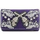 Justin West Cross Guns Western Floral Damask Embroidery Studs Stars Concealed Carry Handbag Purse (Purple Wallet Only)