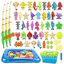 REMOKING Kid Toys 52PCS Fishing Game,Magnetic Toys with Ocean Sea Animal,Fishing Poles,Nets,Inflatable Pool,Toddlers Bathtub Outdoor Carnival Party Toy,Gifts for Kids 3 4 5 6 Years Old(with Basket)