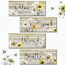 ZINYAZHE 4 Pcs Farmhouse Yellow Bathroom Wall Decor Yellow Daisy Floral Flowers and Butterfly Yellow Wall Art Relax Soak Unwind Breathe Rustic Wood Plaque for Kitchen Home Bedroom(Yellow,10 x 4 Inch)
