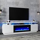 LUXOAK Modern Fireplace TV Stand with 36" Electric Fireplace, High Gloss Finish Media Console with Open Storage, LED Lights Entertainment Center for TVs Up to 80", White